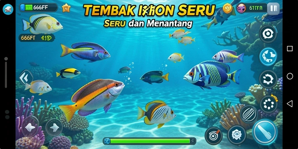 Tampilan gameplay 666FF yang seru dengan berbagai ikan yang bisa ditembak.