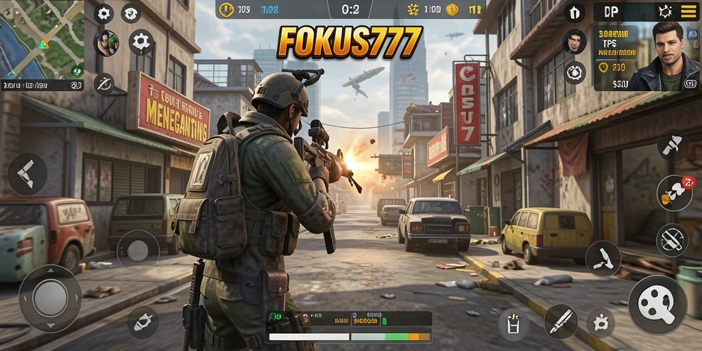 Gameplay FOKUS777 menampilkan aksi tembak-menembak yang intens.