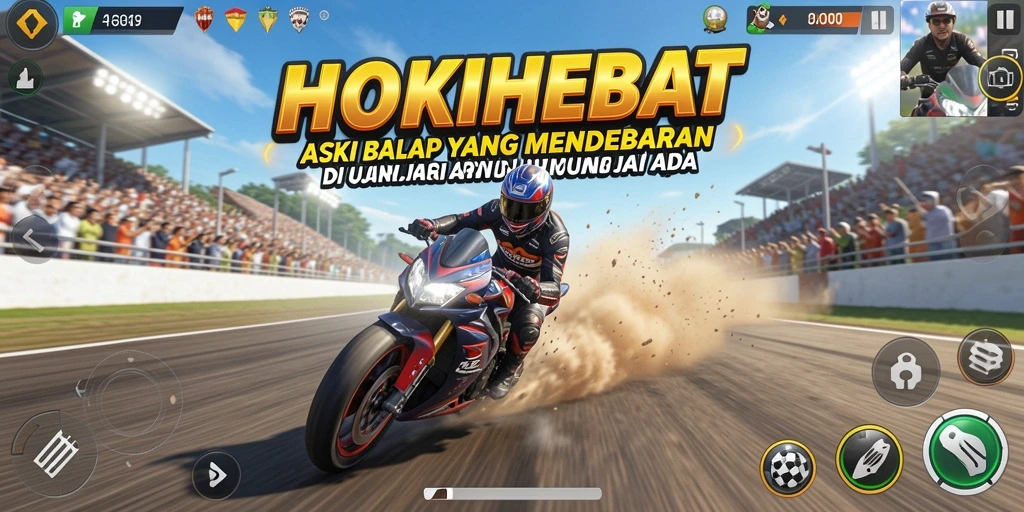 Tampilan gameplay HOKIHEBAT yang penuh aksi dan kecepatan balap.
