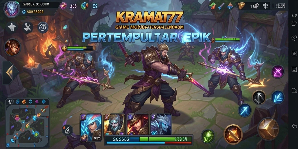 Tangkapan layar gameplay KRAMAT77 menampilkan pertempuran intens di arena MOBA.