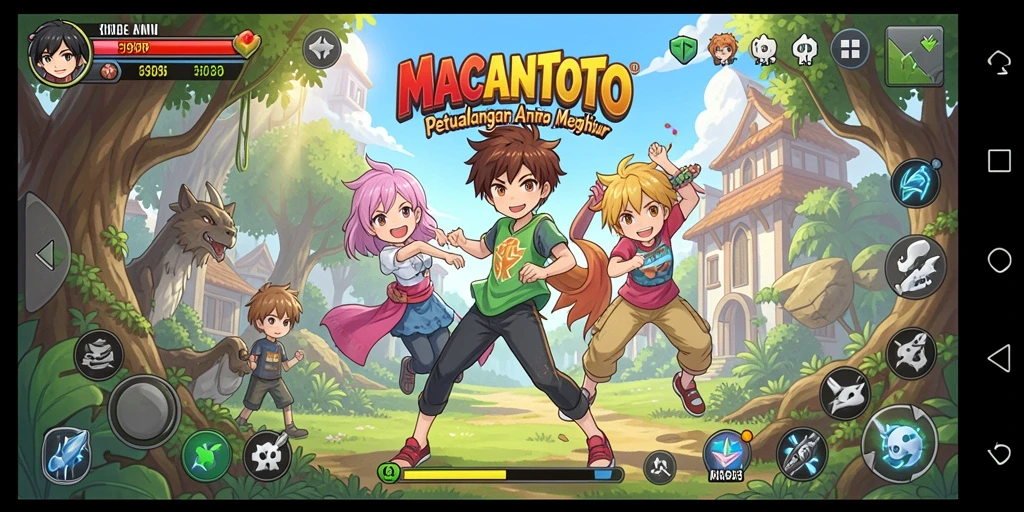 Screenshot utama MACANTOTO menunjukkan aksi karakter Anime yang dinamis dan penuh warna.