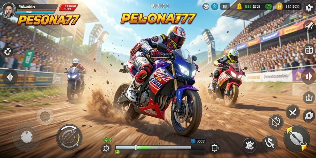 Tampilan gameplay mendebarkan dari PESONA77 dengan balapan motor.