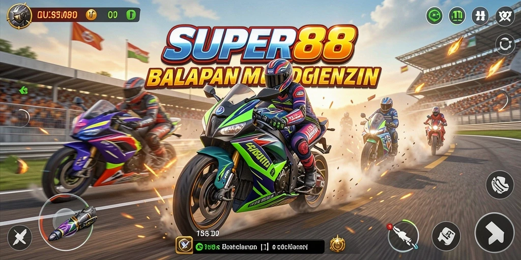 Gameplay SUPER88 menampilkan balapan motor yang mendebarkan dan menantang.